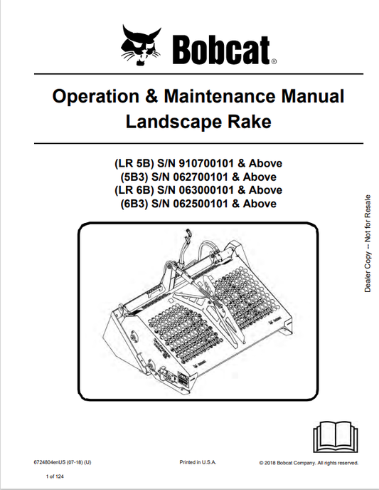 BOBCAT LR5B, 5B3, LR6B, 6B3 LANDSCAPE RAKE OPERATION AND MAINTENANCE MANUAL 6724804 PDF