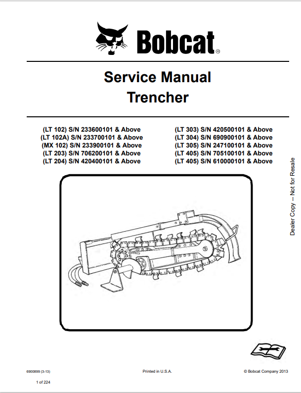 BOBCAT LT102, LT102A, MX102, LT203, LT204, LT303, LT304, LT305, LT405, LT405 TRENCHER SERVICE MANUAL 6900899 PDF
