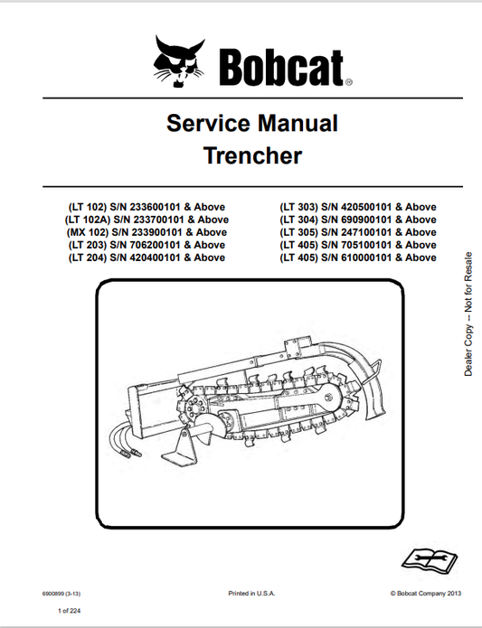 BOBCAT LT102, LT102A, MX102, LT203, LT204, LT303, LT304, LT305, LT405, LT405 TRENCHER SERVICE MANUAL 6900899 PDF
