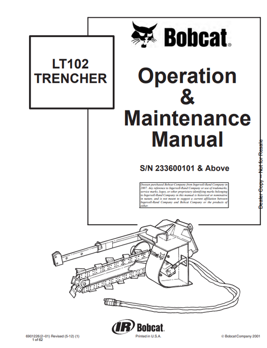 BOBCAT LT102 TRENCHER OPERATION AND MAINTENANCE MANUAL 6901226 PDF