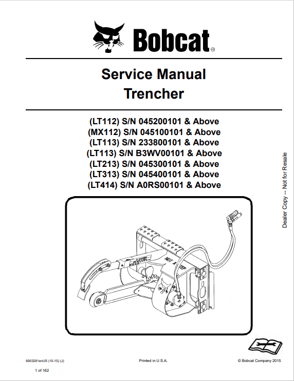 BOBCAT LT112, MX112, LT113, LT113, LT213, LT313, LT414 TRENCHER SERVICE MANUAL 6903281 PDF