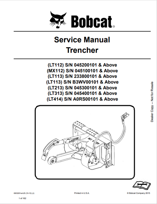 BOBCAT LT112, MX112, LT113, LT113, LT213, LT313, LT414 TRENCHER SERVICE MANUAL 6903281 PDF