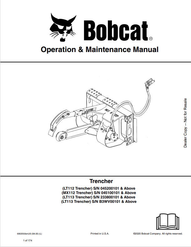 BOBCAT LT112, MX112, LT113, LT113 TRENCHER OPERATION AND MAINTENANCE MANUAL 6902550 PDF