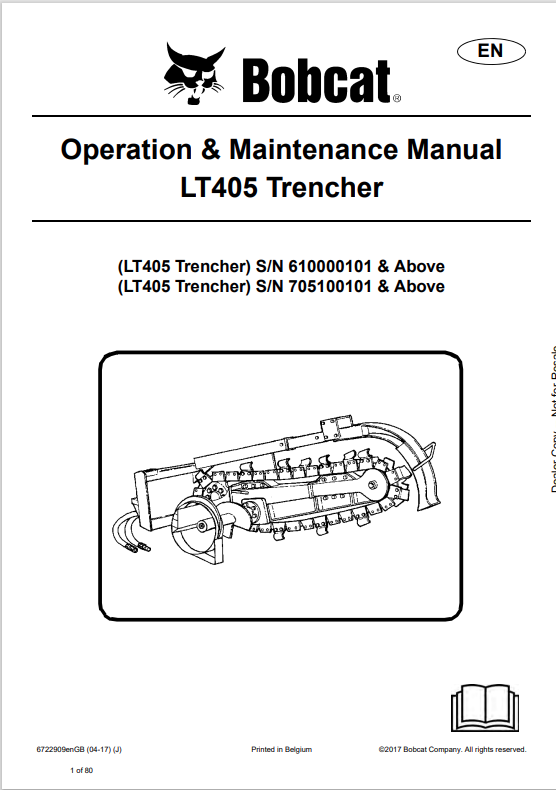 BOBCAT LT405 TRENCHER OPERATION AND MAINTENANCE MANUAL 6722909 PDF