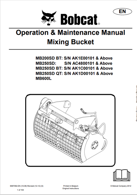 BOBCAT MB200SD BT, MB250SD, MB250SD BT, MB250SD QT, MB600L MIXING BUCKET OPERATION AND MAINTENANCE MANUAL 6987092 PDF