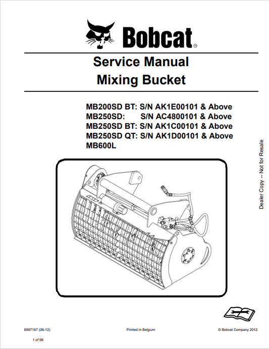BOBCAT MB200SD BT, MB250SD, MB250SD BT, MB250SD QT, MB600L MIXING BUCKET SERVICE MANUAL 6987187 PDF