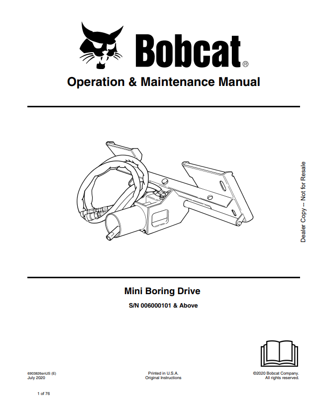 BOBCAT MINI BORING DRIVE OPERATION AND MAINTENANCE MANUAL 6903826 PDF