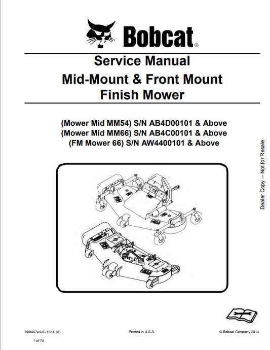 BOBCAT MM54, MM66, FM MOWER 66 MID MOUNT AND FRONT MOUNT FINISH MOWER SERVICE MANUAL 6986907 PDF