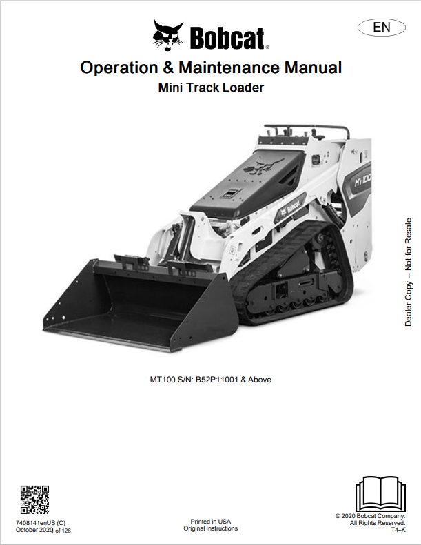 BOBCAT MT100 MINI TRACK LOADER OPERATION AND MAINTENANCE MANUAL 7408141 PDF