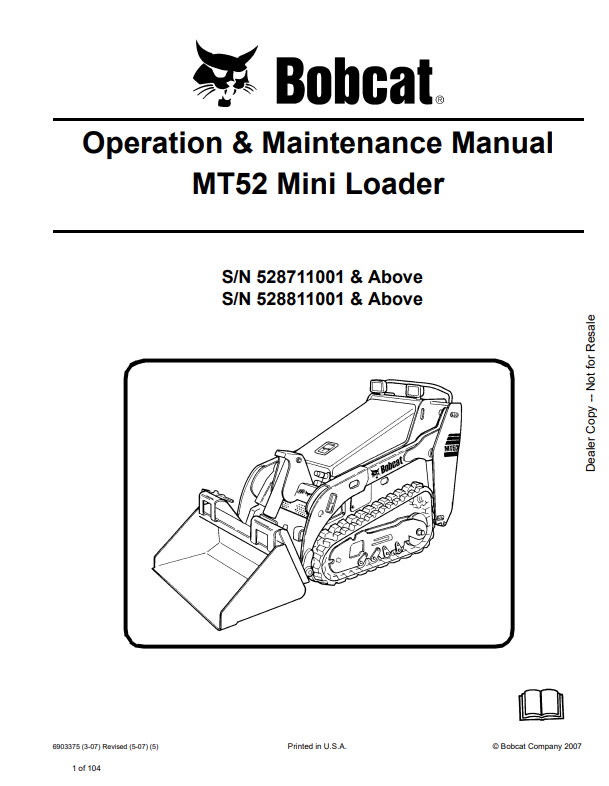 BOBCAT MT52 MINI LOADER OPERATION AND MAINTENANCE MANUAL 6903375 PDF