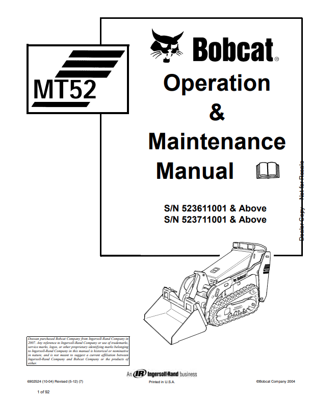 BOBCAT MT52 MINI TRACK LOADER OPERATION AND MAINTENANCE MANUAL 6902524 PDF
