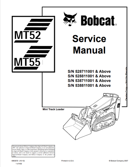 BOBCAT MT52, MT55 MINI TRACK LOADER SERVICE MANUAL 6903372 PDF
