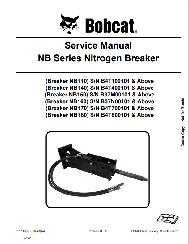 BOBCAT NB110, NB140, NB150, NB160, NB170, NB180 NITROGEN BREAKER SERVICE MANUAL 7357566 PDF