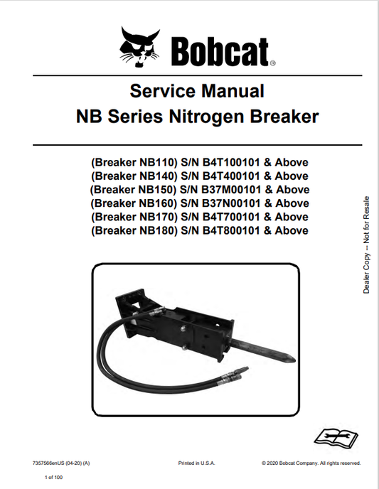 BOBCAT NB110, NB140, NB150, NB160, NB170, NB180 NITROGEN BREAKER SERVICE MANUAL 7357566 PDF