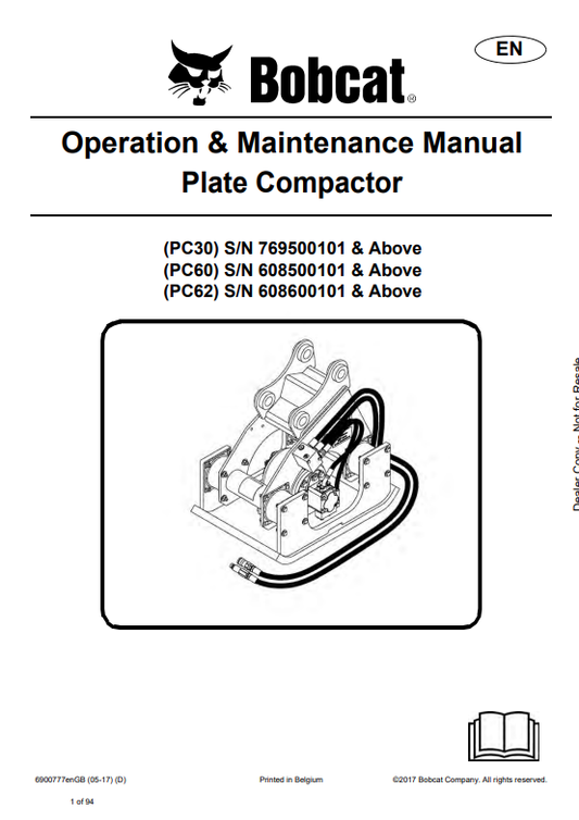 BOBCAT PC30, PC60, PC62 PLATE COMPACTOR OPERATION AND MAINTENANCE MANUAL 6900777 PDF