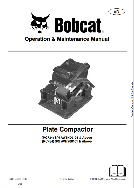 BOBCAT PCF34, PCF64 PLATE COMPACTOR OPERATION AND MAINTENANCE MANUAL 6990311 PDF