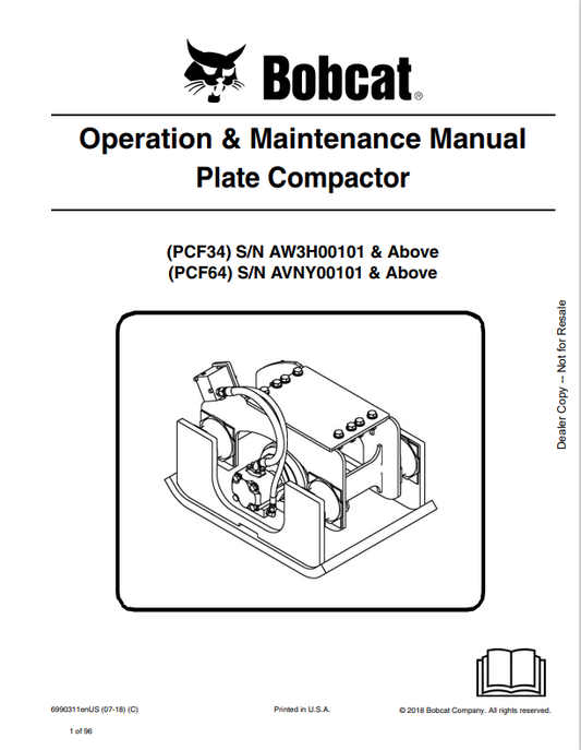 BOBCAT PCF34, PCF64 PLATE COMPACTOR OPERATION AND MAINTENANCE MANUAL 6990311 PDF