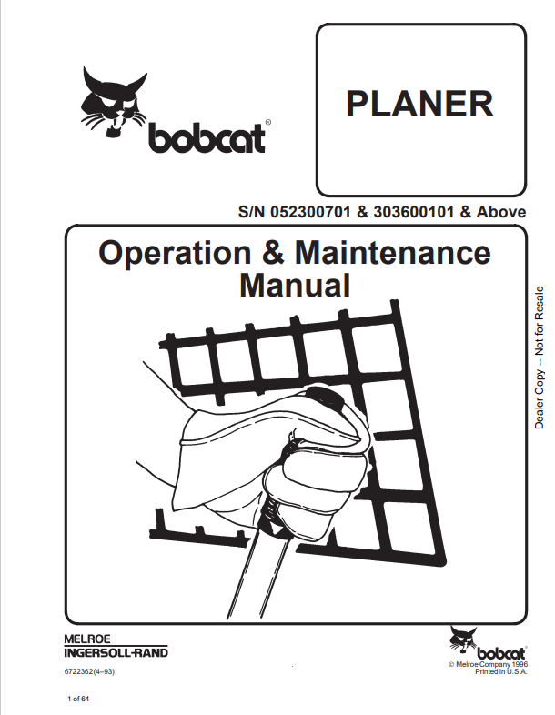 BOBCAT PLANER OPERATION AND MAINTENANCE MANUAL 6722362 PDF