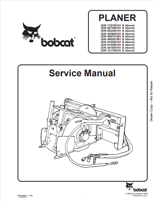 BOBCAT PLANER SERVICE MANUAL 6900886 PDF
