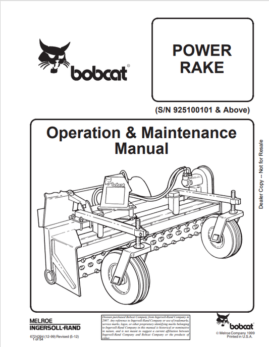 BOBCAT POWER RAKE OPERATION AND MAINTENANCE MANUAL 6724394 PDF