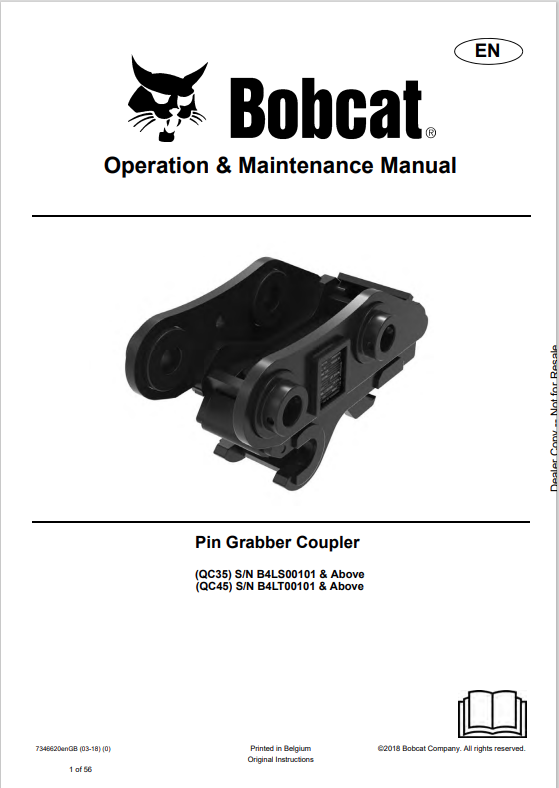 BOBCAT QC35, QC45 PIN GRABBER COUPLER OPERATION AND MAINTENANCE MANUAL 6570926 PDF