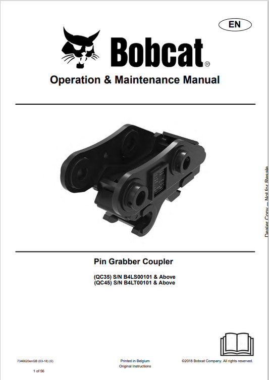 BOBCAT QC35, QC45 PIN GRABBER COUPLER OPERATION AND MAINTENANCE MANUAL 6570926 PDF