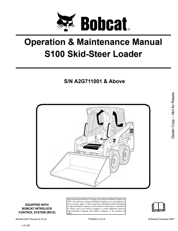 BOBCAT S100 SKID STEER LOADER OPERATION AND MAINTENANCE MANUAL 6904925 PDF