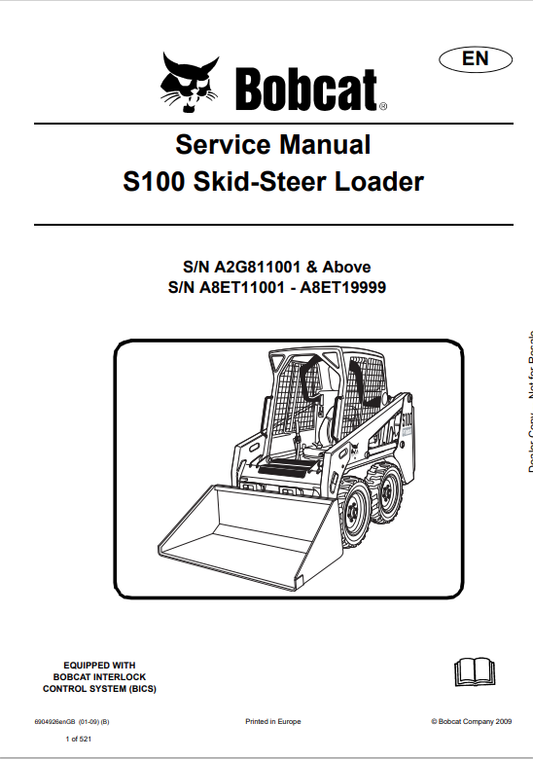 BOBCAT S100 SKID STEER LOADER SERVICE MANUAL 6904926 PDF