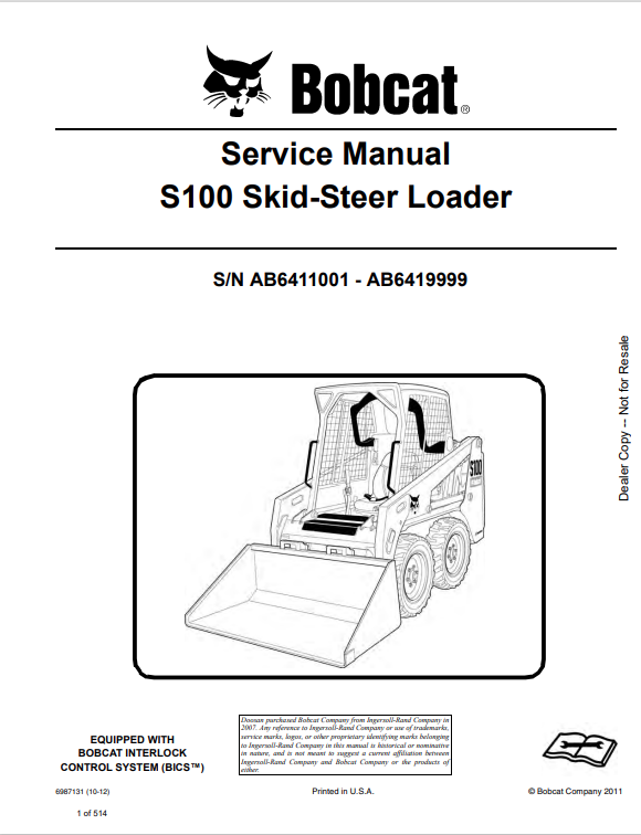 BOBCAT S100 SKID STEER LOADER SERVICE MANUAL 6987131 PDF