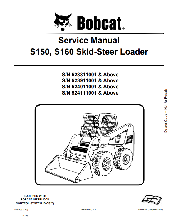 BOBCAT S150, S160 SKID STEER LOADER SERVICE MANUAL 6902498 PDF