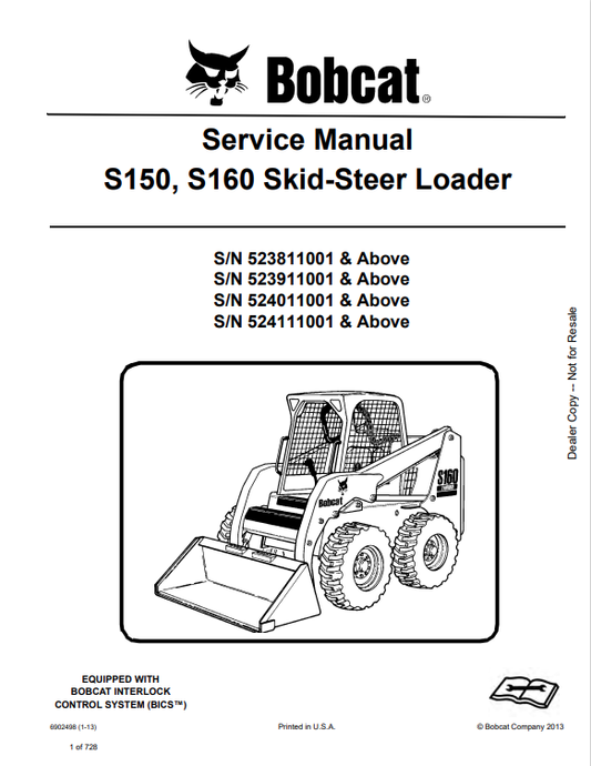 BOBCAT S150, S160 SKID STEER LOADER SERVICE MANUAL 6902498 PDF