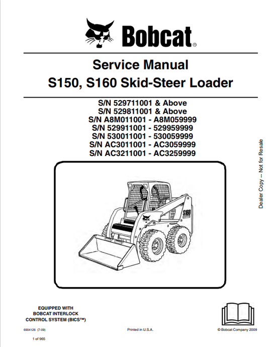 BOBCAT S150, S160 SKID STEER LOADER SERVICE MANUAL 6904126 PDF