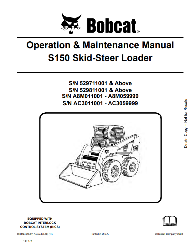 BOBCAT S150 SKID STEER LOADER OPERATION AND MAINTENANCE MANUAL 6904124 PDF