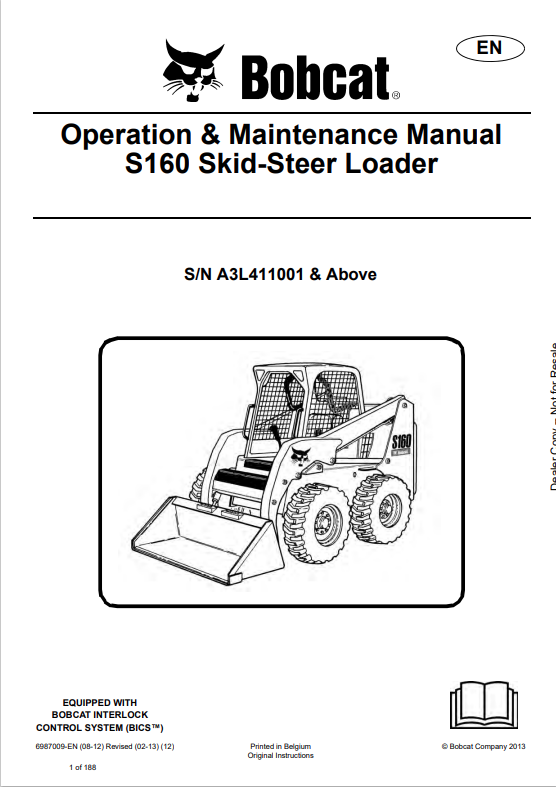 BOBCAT S160 SKID STEER LOADER OPERATION AND MAINTENANCE MANUAL 6987009 PDF