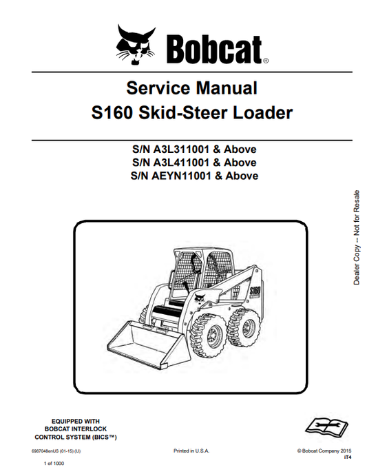 BOBCAT S160 SKID STEER LOADER SERVICE MANUAL 6987048 PDF