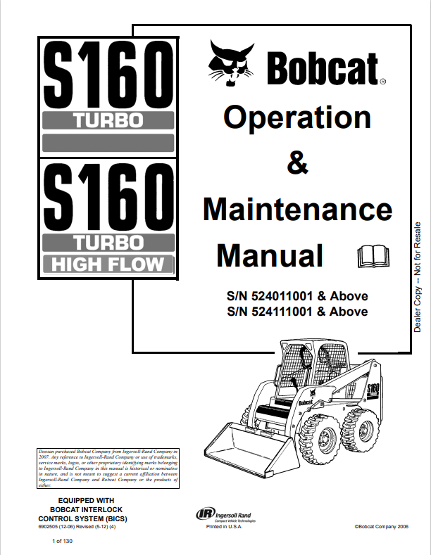 BOBCAT S160 TURBO, S160 TURBO HIGH FLOW OPERATION AND MAINTENANCE MANUAL 6902505 PDF