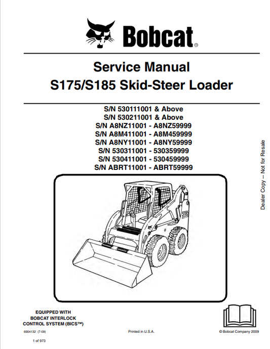 BOBCAT S175, S185 SKID STEER LOADER SERVICE MANUAL 6904132 PDF