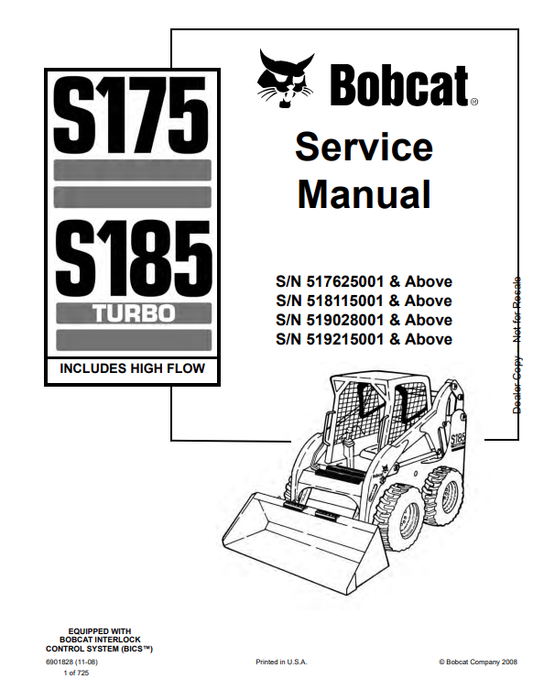 BOBCAT S175, S185 TURBO HIGH FLOW SERVICE MANUAL 6989670 PDF