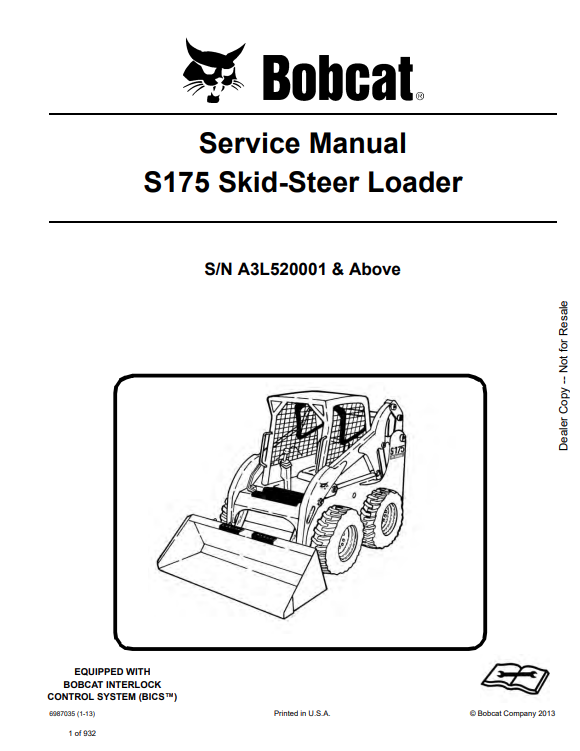 BOBCAT S175 SKID STEER LOADER SERVICE MANUAL 6987035 PDF