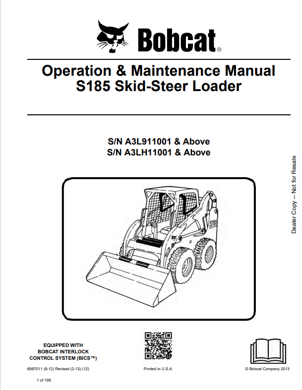 BOBCAT S185 SKID STEER LOADER OPERATION AND MAINTENANCE MANUAL 6987011 PDF
