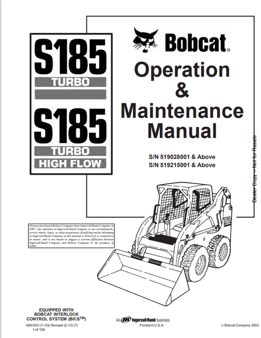 BOBCAT S185 TURBO, S185 TURBO HIGH FLOW OPERATION AND MAINTENANCE MANUAL 6901831 PDF