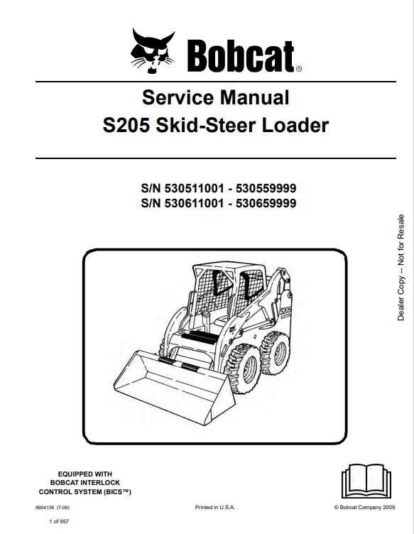 BOBCAT S205 SKID STEER LOADER SERVICE MANUAL 6904138 PDF