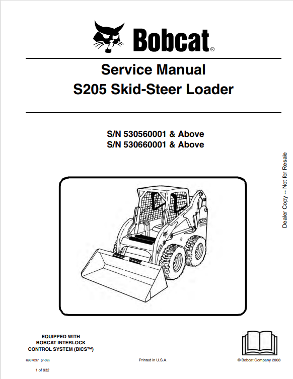 BOBCAT S205 SKID STEER LOADER SERVICE MANUAL 6987050 PDF