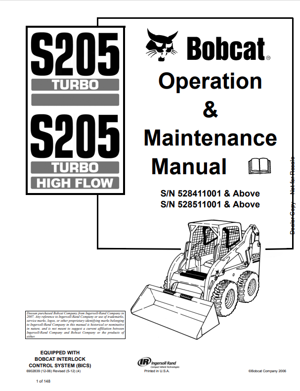BOBCAT S205 TURBO, S205 TURBO HIGH FLOW OPERATION AND MAINTENANCE MANUAL 6902839 PDF