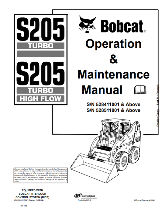 BOBCAT S205 TURBO, S205 TURBO HIGH FLOW OPERATION AND MAINTENANCE MANUAL 6902839 PDF