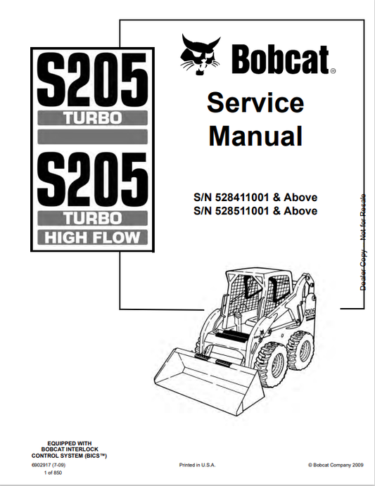 BOBCAT S205 TURBO, S205 TURBO HIGH FLOW SERVICE MANUAL 6902917 PDF