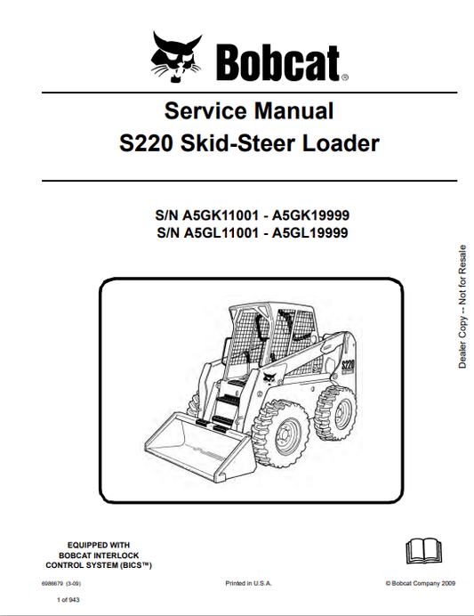 BOBCAT S220 SKID STEER LOADER SERVICE MANUAL 6986679 PDF