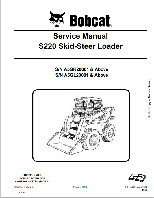 BOBCAT S220 SKID STEER LOADER SERVICE MANUAL 6987038 PDF