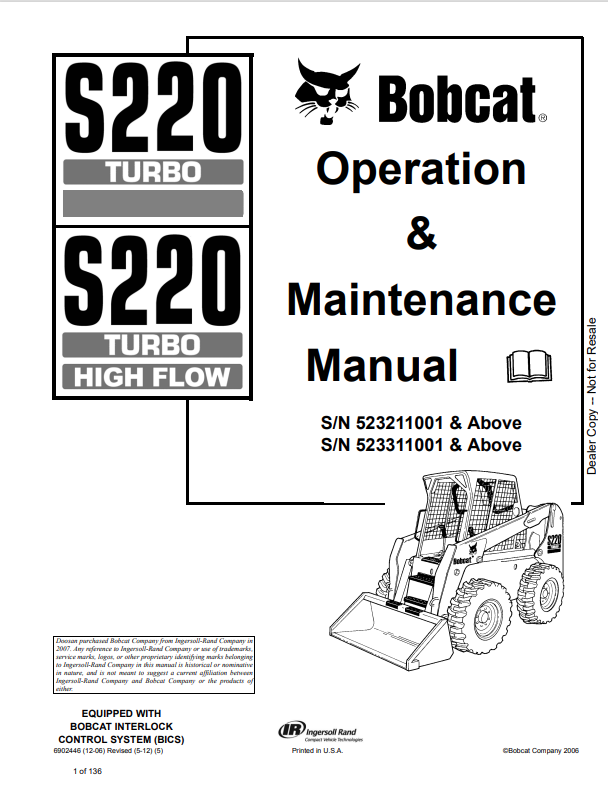 BOBCAT S220 TURBO, S220 TURBO HIGH FLOW OPERATION AND MAINTENANCE MANUAL 6902446 PDF