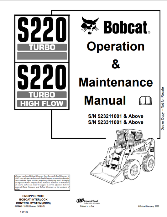 BOBCAT S220 TURBO, S220 TURBO HIGH FLOW OPERATION AND MAINTENANCE MANUAL 6902446 PDF